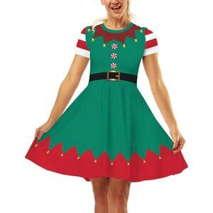 Women Ugly Christmas Santa Dress Red Green 2 Elf Holiday Print Dress for Xmas